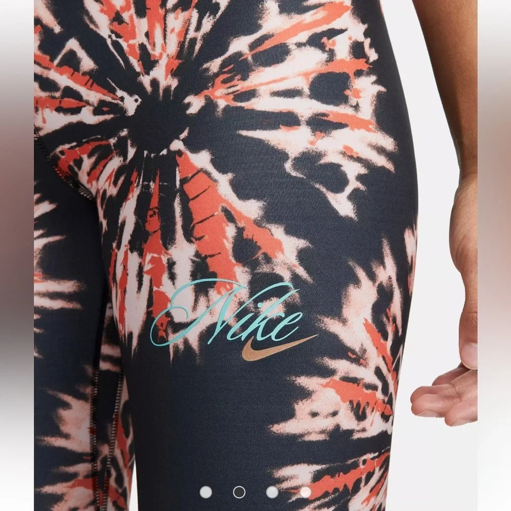 NEW! Nike Black High-Waist Tie-Dye Leggings with Orange & White Burst - Size M